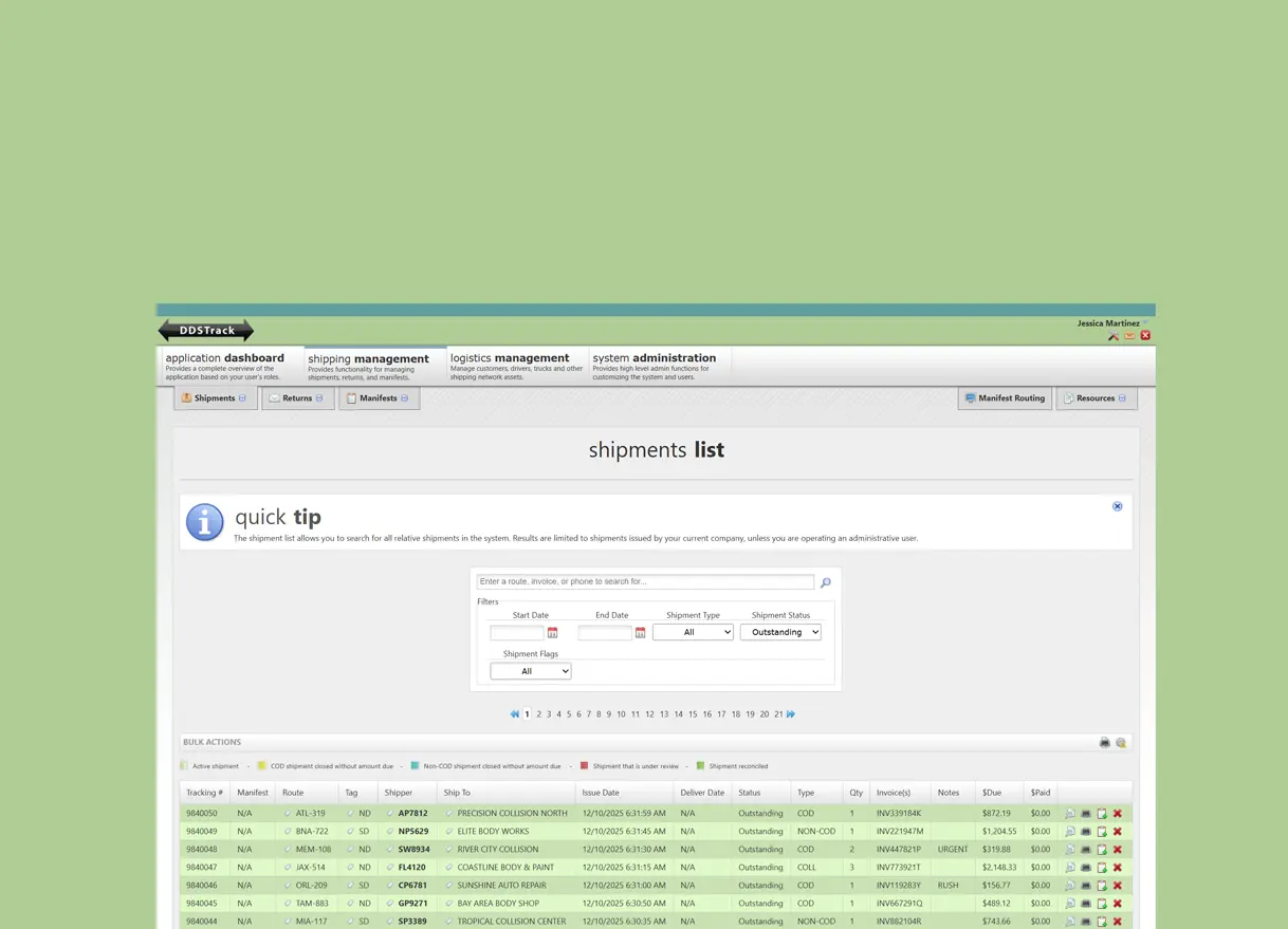 DDS Track delivery management platform dashboard