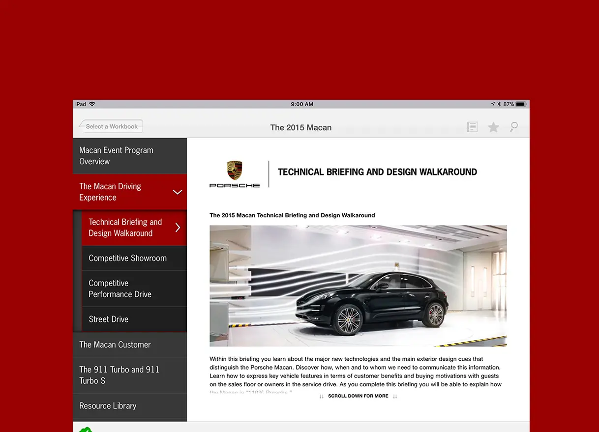 Porsche iTrainer iPad app showing vehicle comparison feature