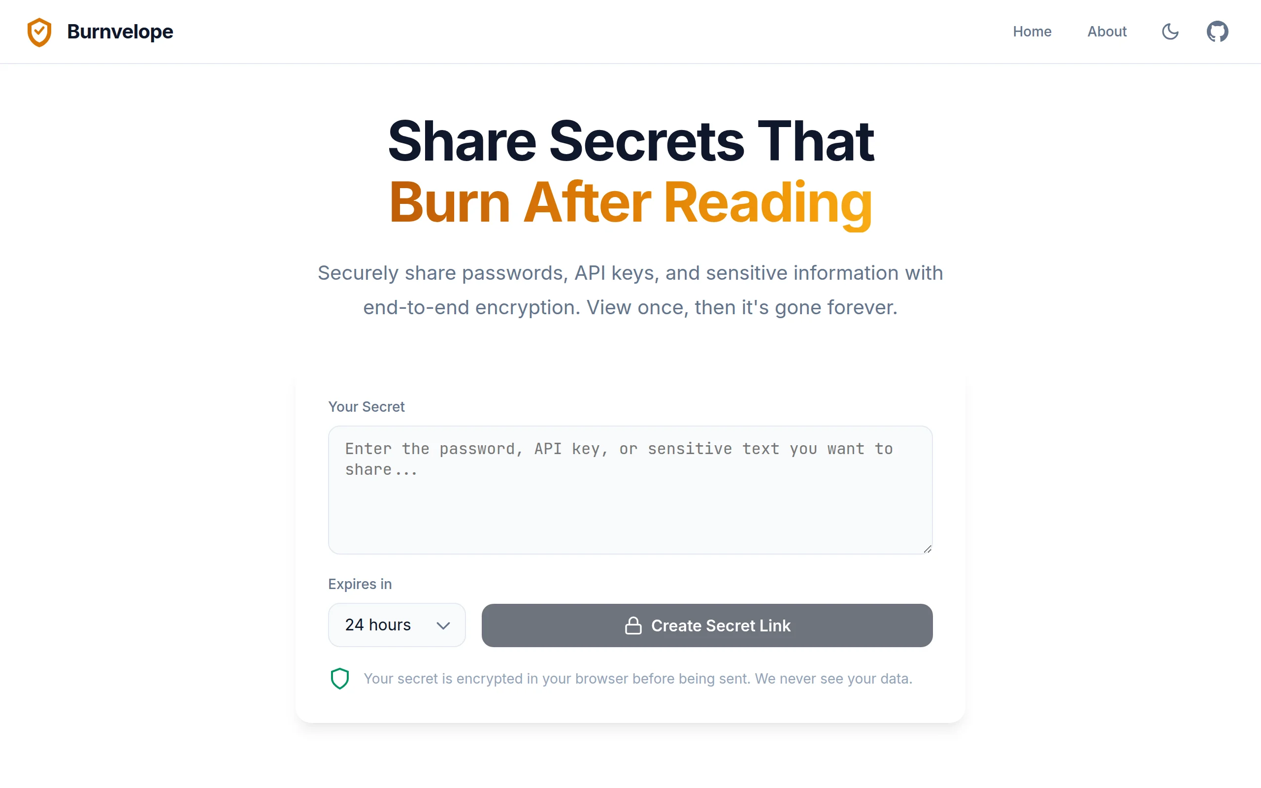 Burnvelope homepage showing the secret sharing interface