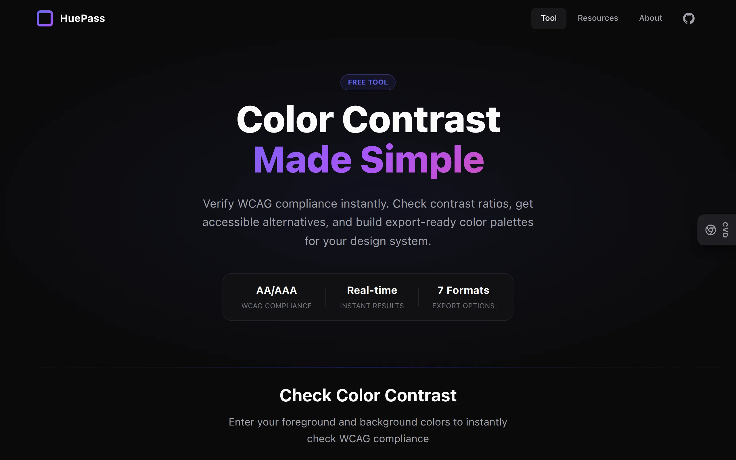 HuePass homepage showing the contrast checker interface